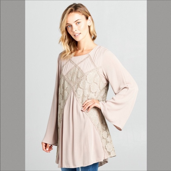 Velzera Taupe Bell Sleeve Lace Tunic OSFM - Picture 3 of 4